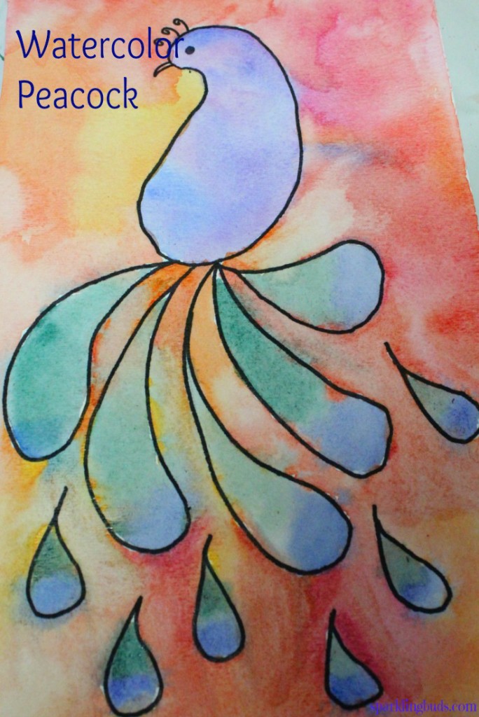 Easy watercolor idea peacock painting with kids